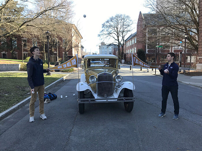 Max Poff (left) and Ethan Rosman (right) juggling in front of the Wreck