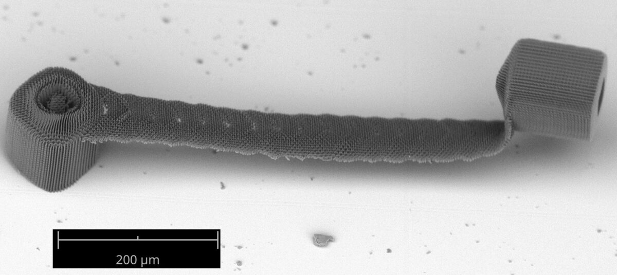 Overhanging 3D structures printed by stitching multiple 2D projections, demonstrating the ability to print depth-resolved features. The bridge structure, with 90-degree overhangs, is challenging to print using serial scanning TPL techniques. (Credit: Vu N